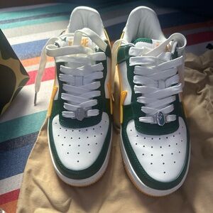 Bape Green and White Sneakers with Yellow Highlights
